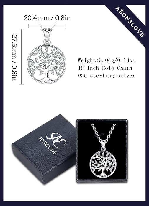 AEONSLOVE Tree of Life Necklace 925 Sterling Silver, Family Tree of Life Pendants Jewelry Gifts for Women Wife Mother, 18 Inch Chain