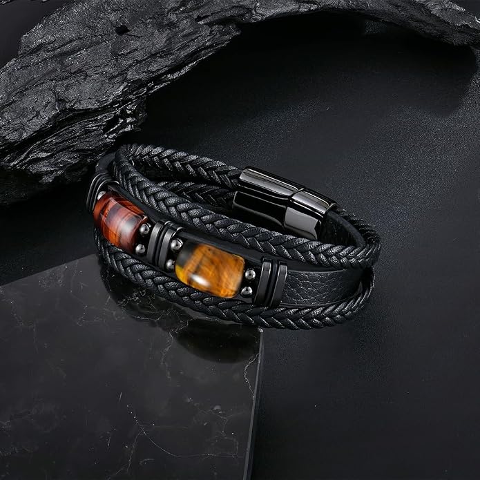 Mens Leather Bracelet Natural Tiger Eye Protection Multilayer Braided Wristband Bangle Gifts for Him