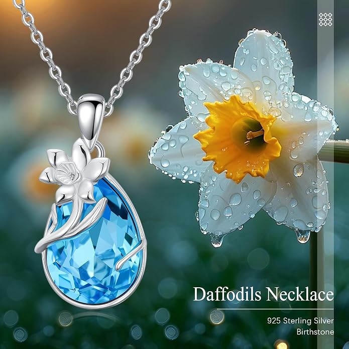 925 Sterling Silver Birth Flower Necklace with Teardrop Shaped Birthstone - 12 Colors, 12 Kinds of Flower - Ideal Birthday Jewelry Gift for Women, Mothers, Daughters & Wives