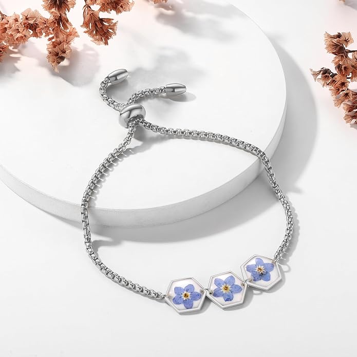 AUNTESIGN Forget-Me-Not Pressed Wildflower Bracelet | Pressed Flower Bracelet | Gold/Silver Pressed Flower Jewelry | Personalized Handmade Jewelry | Gift For Women