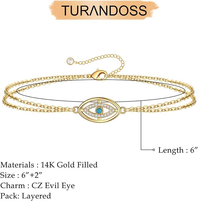 Dainty Gold Bracelets for Women, 14K Gold Plated Adjustable Layered Beads Bracelet Cute Evil Eye Oval Chain Pearl Bar Turtle Gold Bracelets for Women Jewelry