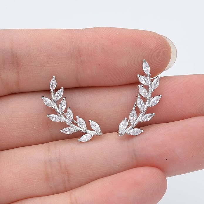 EVER FAITH Marquise Leaf Ear Cuff Wire Wrap Sweep Pins Climber Earrings 925 Sterling Silver Clear Cubic Zirconia
