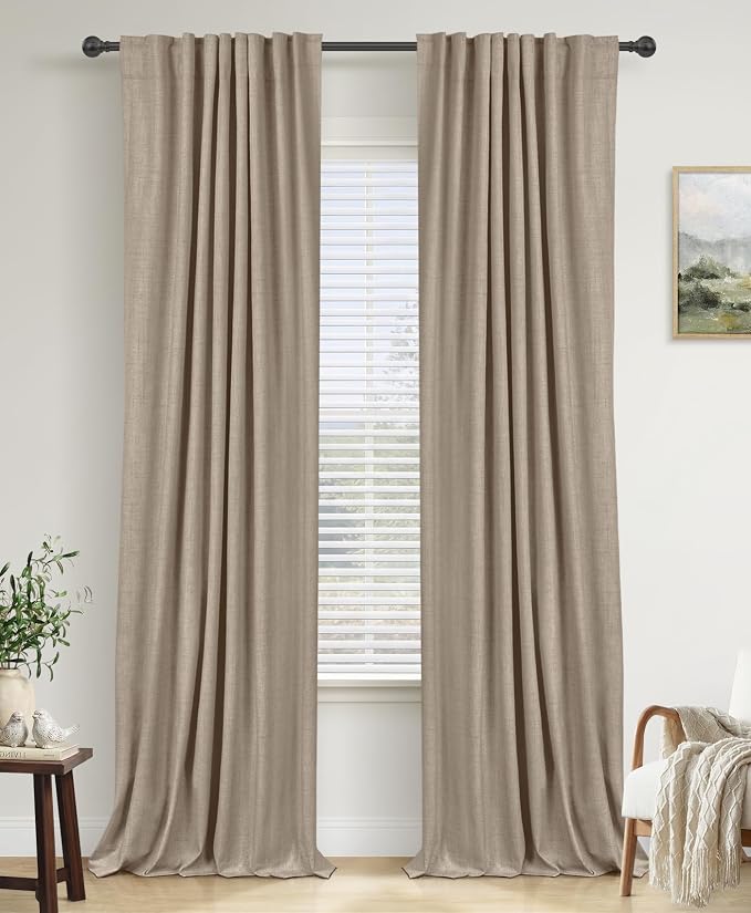 100% Blackout Shield Linen Blackout Curtains for Bedroom 96 Inches Long, Back Tab/Rod Pocket Living Room Drapes, Thermal Insulated Blackout Curtains 2 Panels Set, 50" W x 96" L,Burlywood Birch