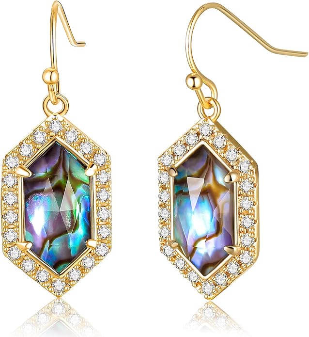 Natural Abalone Dangle Earrings with Halo CZ Leverback Earrings for Women Hypoallergenic Fashion Jewelry