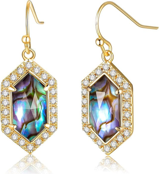 Natural Abalone Dangle Earrings with Halo CZ Leverback Earrings for Women Hypoallergenic Fashion Jewelry