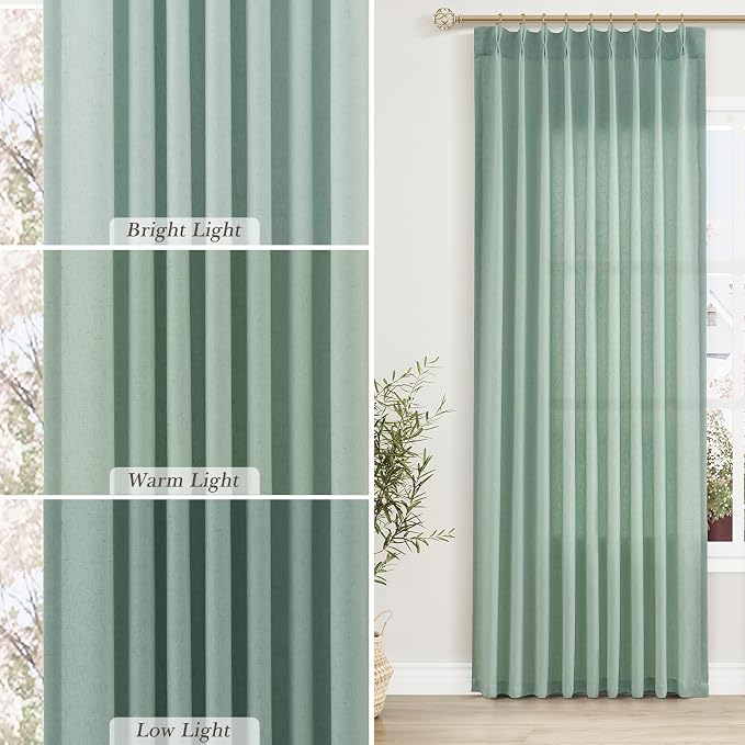 Aersas Aqua Green Pinch Pleated Linen Curtains 102 Inch Length 2 Panels for Living Room Bedroom Semi Sheer Window Curtain Boho Neutral Back Tab Pinch Pleat Drape with Hooks 40x102