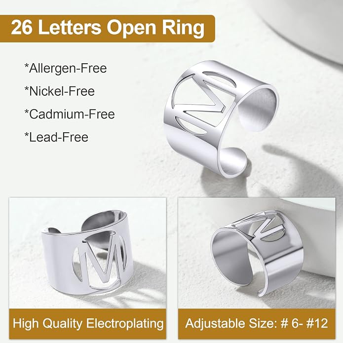 KeyStyle Bold Initial Letter Rings Adjustable, GoldChic Jewelry Women Gold Statement Ring Personalized Engraved Women’s Open Signet Ring for Party (Gold, White Gold, Black)