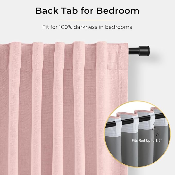 INOVADAY 100% Blackout Curtains for Bedroom, Baby Pink Black Out Curtains 96 Inch Long, Clip Rings Linen Blackout Drapes, Thermal Insulated Room Darkening for Living Room, 2 Panels - W50xL96
