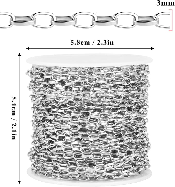 33FT Paperclip Link Chain Roll 3MM Stainless Steel Paperclip Chain Spool Bulk for Jewelry Making