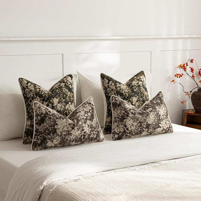 DEZENE Pack of 2 Vintage Floral Throw Pillow Covers 18x18 Boho Farmhouse Accents Chenille Square Decorative Pillow Cases for Living Room Couch Bed Home Decor, Olive Green