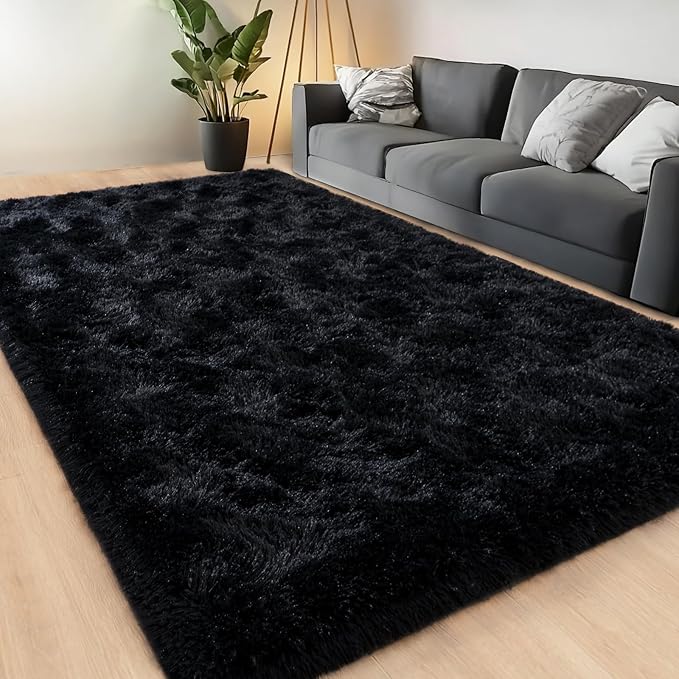 Large Area Rugs for Living Room Bedroom 9x12 Black Fluffy Shag Rugs | Ultra Soft Shaggy Plush Fuzzy Modern Indoor Throw Floor Carpet for Kids Girls Boys Dorm Nursery Home Decor Aesthetic