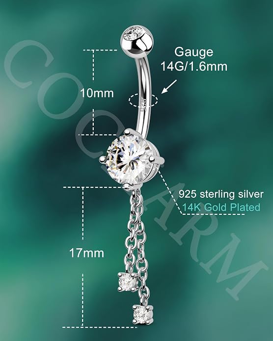 COCHARM 14K Gold Plated Belly Button Rings Dangling 925 Sterling Silver Belly Navel Rings Dangle Chain Belly Piercing Jewelry Hypoallergenic