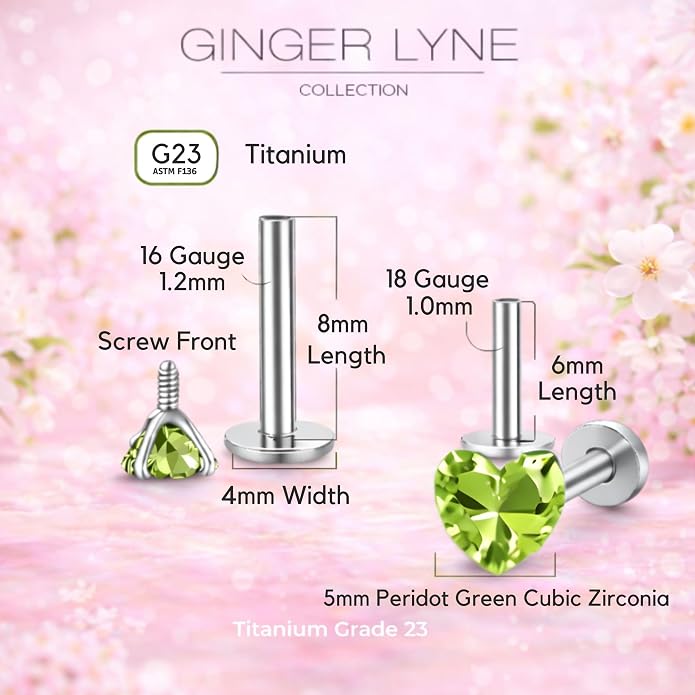 Titanium Heart CZ Labret Stud Earrings for Piercings by Ginger Lyne 6Pc Set G23 Screw Front Flat Back Body Jewelry 2 pair post 6mm, 8mm Cartilage, Helix, Tragus, Lip, Conch, Lobe