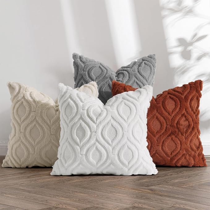 decorUhome White Rust Faux Fur Soft Throw Pillow Covers 18x18 Set of 4 | Fall Neutral Decorative Plush Couch Pillow Covers, Accent Modern Farmhouse Neutral Pillow Cases for Sofa Bed Living Room