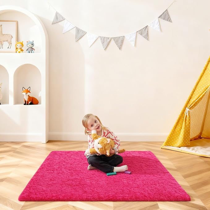 3x5 Rugs for Bedroom, Fluffy Area Rugs for Living Room, Small Fuzzy Shag Soft Non-Slip Carpet for Kids Girls and Boys Nursery Dorm Indoor Room Home Decor (3ft X 5ft, Hot Pink)