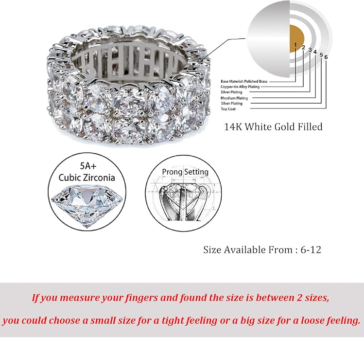 TOPGRILLZ 2-Row Cubic Zirconia Band Ring for Men & Women, 14K Gold Plated Brass, 9 mm Wide Iced-Out Eternity, Sizes 6-12, Golden or Silvery