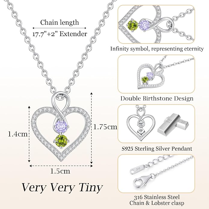 LOUISA SECRET Double Birthstone Necklaces for Women, 925 Sterling Silver Infinity Love Heart Pendant Necklace for Her, Birthday Anniversary Valentine's Day, Christmas, Wedding, Graduation Gift for Her, Personalized Gifts, Jewelry Gifts for Wife Mom Gir...