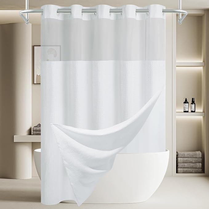 EUTXL Heavyweight Extra Long No Hook Shower Curtain with Snap in Liner,256GSM Waffle Weave Shower Curtains for Bathroom,71W x 98H,White
