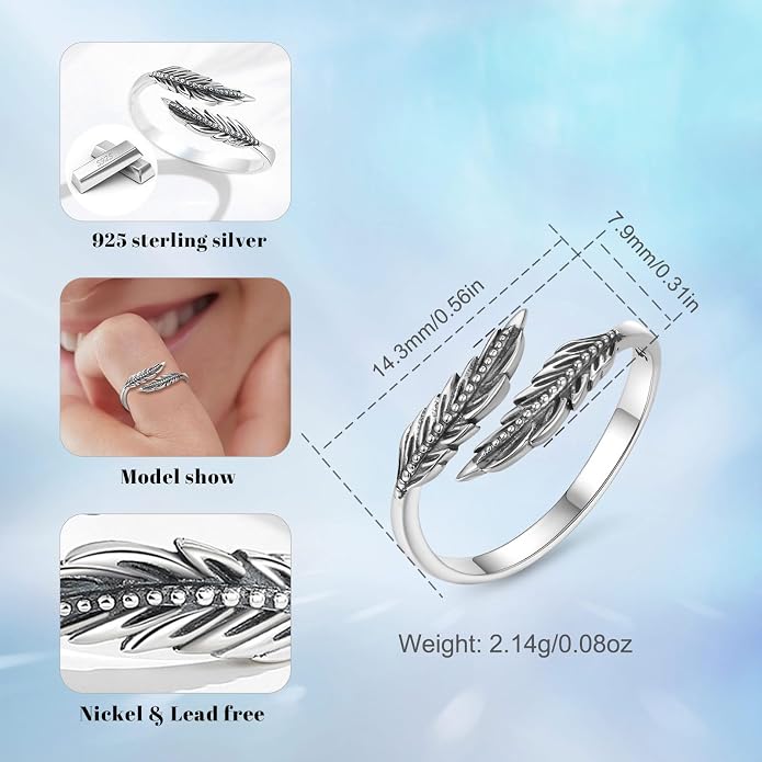 Vito 925 Sterling Silver Adjustable Open Spoon Ring for Women Men, Lotus Sunflower Snake Spoon Band Rings Feather Hug Witches Knot Inspirational Jewelry Gift for Wife