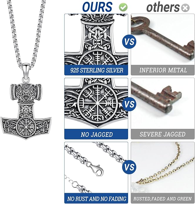 Eusense Viking Necklace for Men Women 925 Sterling Silver Pendant Thors Hammer/Norse Runes/Odin's Ravens/Wolf/Dragon/Snake/Yggdrasil/Freya/Helm of Awe/Valknut/Triskelion/Axe/Shield Viking Jewelry
