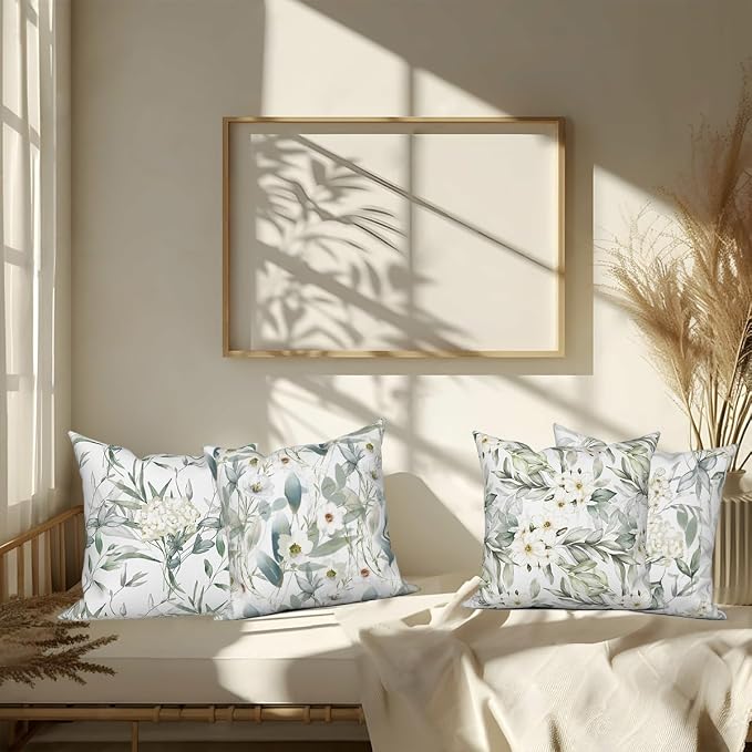4 Pcs/Set Flowers Pillow Covers Summer White Floral Green Leaves Plants Watercolor Natural Scenery Linen Throw Pillow Covers for Outdoor Couch Sofa Farmhouse Bedroom Decor, 16"x16"