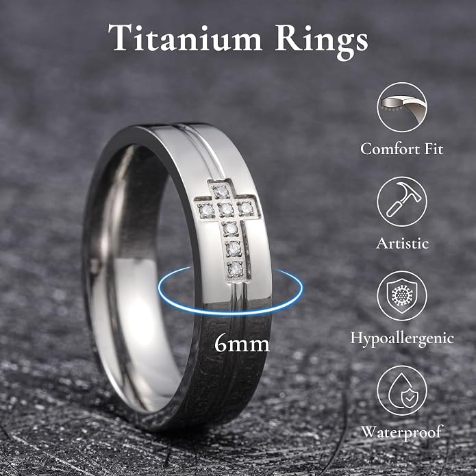 King Will Men's Titanium Wedding Band - 8mm Polished Band with Step Edges and Cross Design Featuring White Zirconia Insets Comfort Fit Size 7-14