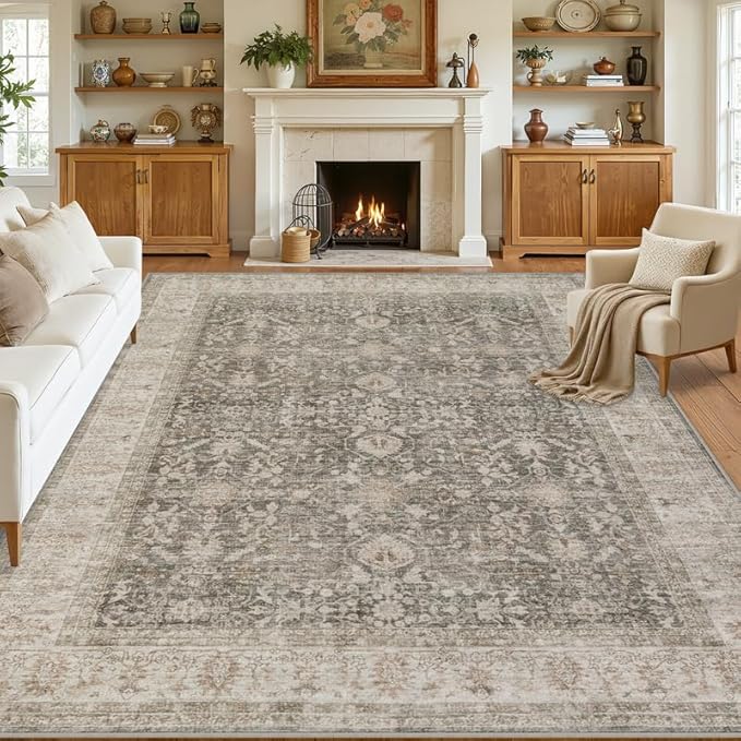 10x12 Area Rug for Living Room: Vintage Boho Neutral Washable Rug Indoor Soft Large Area Rug Carpet for Bedroom Nursery Farmhouse Dining Room Office Floor Non-Slip Low Pile Under Table Rug Warm Taupe