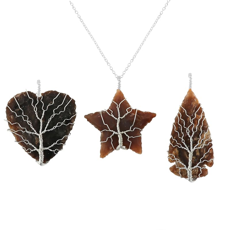 Tree of Life Craft - Raw Jasper Rough Crystals Pendant Necklace, Heart & Star & Arrow Shapes, Wire Wrapping, Gift Giving Women Jewelry with Dainty Silver Plated Chain 18 inch (3pcs)
