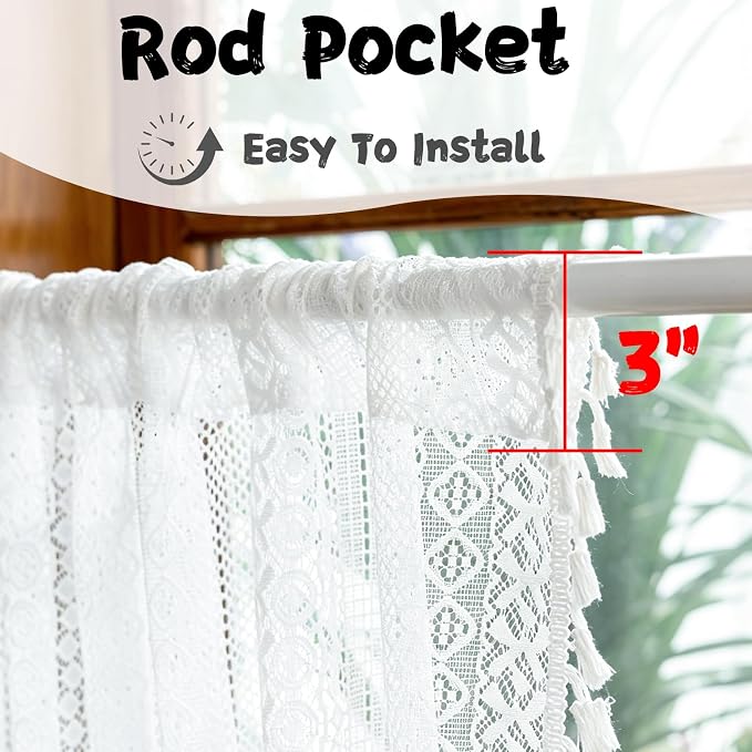 Sutuo Home White Boho Lace Curtains 45 Inches 2 Panels for Kitchen Cafe, Semi Sheer Ivory Curtains Small Window Drape Crochet Vintage Farmhouse Tassels Bohemian Privacy Cottagecore Rod Pocket, 50" W