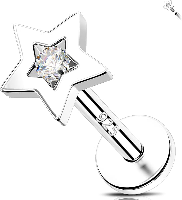Melighting 16G Sterling Silver 925 Helix Earring Internal Thread 6/8 mm Heart Flat Back Earring Star Lip Stud Labret Cartilage Lip Piercing Jewelry for Women