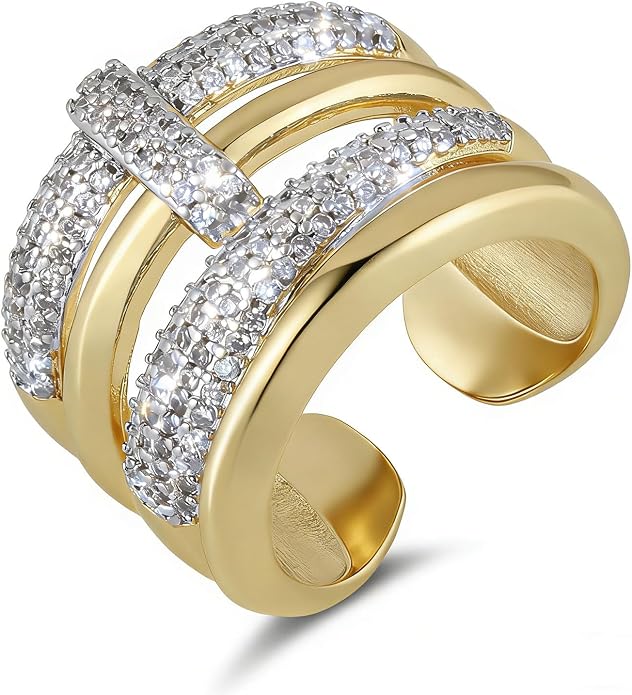 HZMAN 14K Gold Plated Brass Open Ring Collection for Women, Non-Adjustable Crystal Inlay Statement Rings, Wide Band Cocktail Jewelry Assorted Styles