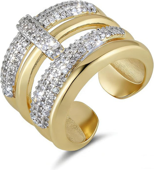 HZMAN 14K Gold Plated Brass Open Ring Collection for Women, Non-Adjustable Crystal Inlay Statement Rings, Wide Band Cocktail Jewelry Assorted Styles