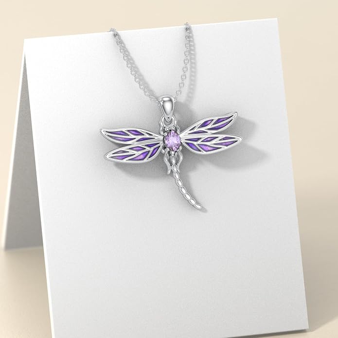 925 Sterling Silver Dragonfly Necklace for Women Purple Cubic Zirconia Dragonfly Pendant Ladies Jewelry Gifts