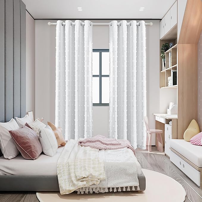 MYSKY HOME 100% White Blackout Curtains for Sliding Door 108 Inches Long Total Light Blocking Curtains for Living Room 2 Panels Grommet Room Darkening Drapes with White Pom Pom Sheer 52 x 108 Inch