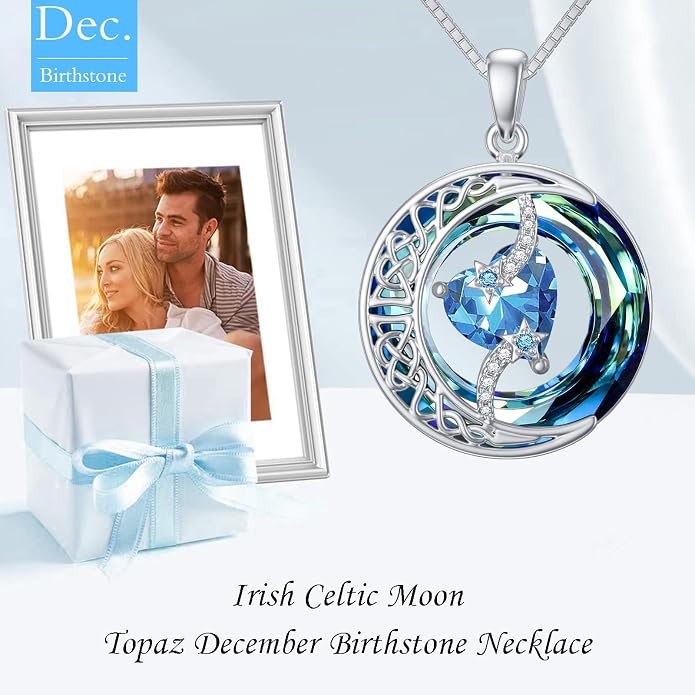 TOUPOP Birthstone Necklace 925 Sterling Silver Moon and Star Pendant Celtic Moon Jewelry with Blue Crystal Anniversary Birthday Gifts for Women Mom Wife Her