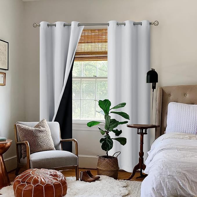 BGment Thermal Insulated 100% Blackout Curtains for Bedroom with Black Liner, Double Layer Full Room Darkening Noise Reducing Grommet Curtain (42 x 84 Inch, Greyish White, 2 Panels)