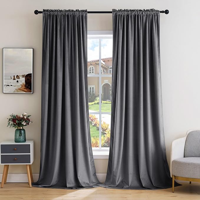 MIULEE Grey Blackout Velvet Curtains Drapes 72 Inch Long 52"x72" Bedroom | Luxurious Bedroom Living Room Decor, Room Darkening, Thermal Insulated, Rod Pocket Design, Super Soft Fabric