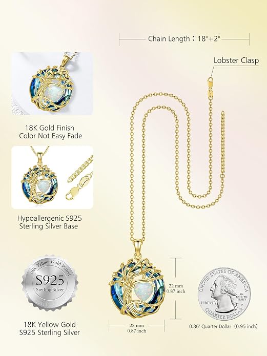 TOUPOP Tree of Life Birthstone Necklace Sterling Silver Pendant Birthstone Necklaces with Blue Crystal Anniversary Birthday Jewelry for Women Mom Wife Her