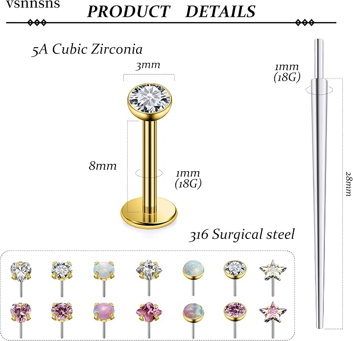 Vsnnsns 14K Gold Plated 16G 18G 20G Threadless Nose Rings Studs Flat Back Earrings Stainless Steel Tragus Helix Conch Earrings Stud Snake Bite Lip Rings Labret Medusa Piercing Jewelry for Women Men