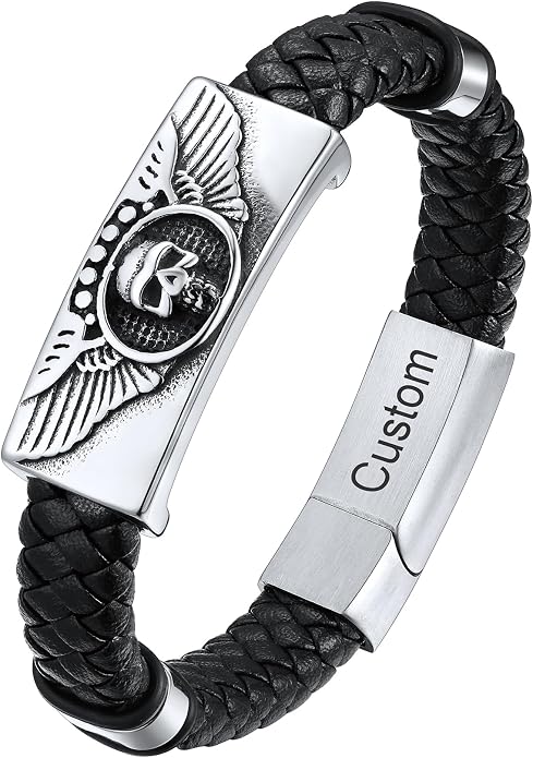 ChainsHouse Mens Wrap Braided Leather Black Bead Bracelets Bangles, Vintage Star of David/Wing Skull/Templar Cross Genuine Leather Bracelet, Customize Available, Size 7.5/8.3/9.0 Inch, Send Gift Box