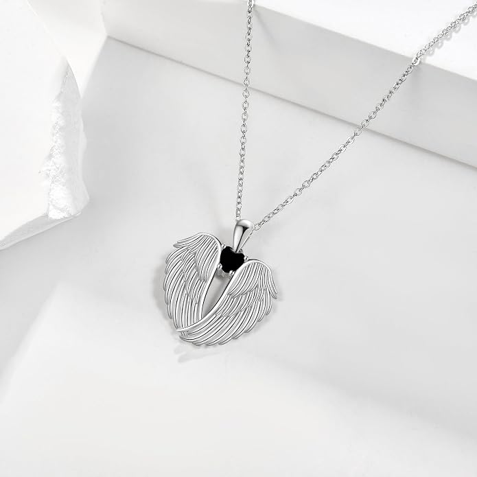 YFN Angel Wings Necklace 925 Sterling Silver Guardian Angel Wings Pendant Necklace Birthstone Necklace for Women Girls Christmas Jewelry Gifts