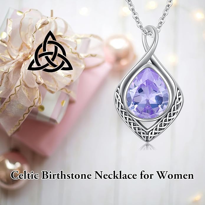 PELOVNY Celtic Knot Necklaces for Women 925 Sterling Silver Gemstone/Birthstone Teardrop Infinity Necklace Irish Celtic Pendant Jewelry Gifts for Mom Daughter Wife