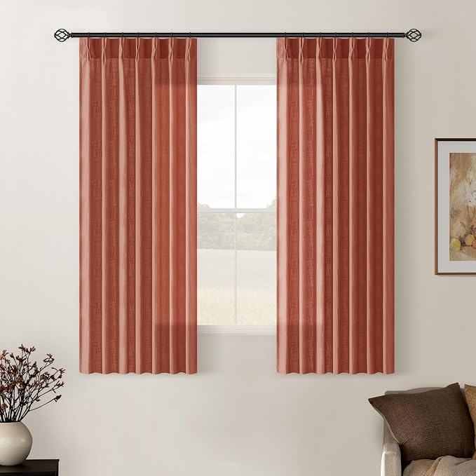 Pinch Pleated Linen Semi Sheer Curtains 45 Inch Length 2 Panels Firebrick | for Kitchen Small Bay Window Basement, Pinch Pleated with Hooks Rings Back Tab, Memory Shape, Thick Linen Semi Sheer, W40xL45