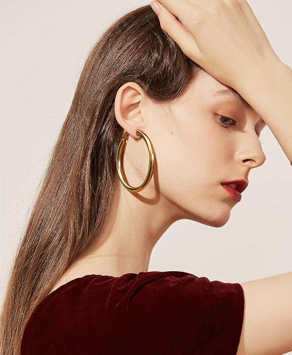 Stainless Steel Chunky Hoop Earrings For Women, Minimalist and Chic, Black/Gold Plated, Round Hoops Earrings Hypoallergenic, Size: 30mm/40mm/60mm/80mm, Come with Box