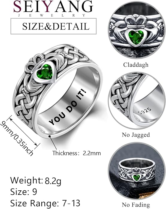 Seiyang Claddagh Ring 925 Sterling Silver Celtic Ring Jewelry Irish Band Gift for Men Women (with Gift Box)