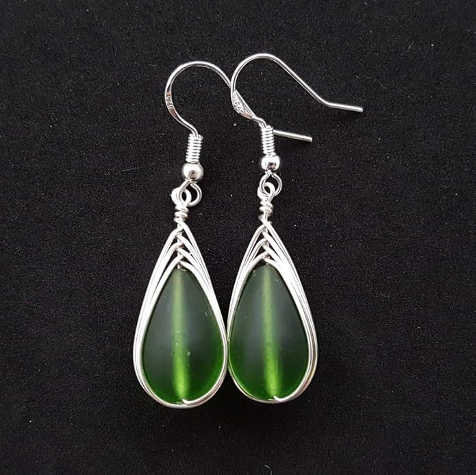 Handmade Sea Glass Earrings, Hawaiian Jewelry, Wire Braided Earrings Teardrop Earrings, Beach Jewelry Sea Glass Jewelry For Women Birthday Gift