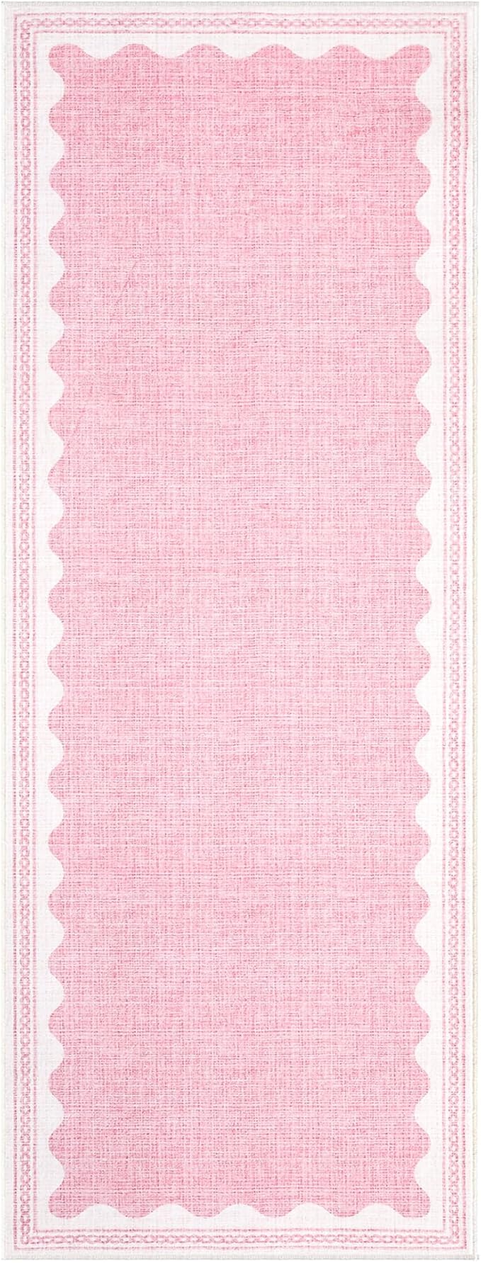 GarveeHome 2.5x8 Runner Rug for Hallway Washable Kitchen Rugs Non Slip Solid Pink Modern Minimalism Soft Low-Pile Scalloped Indoor Carpet for Entryway Laundry Room Floor Mats