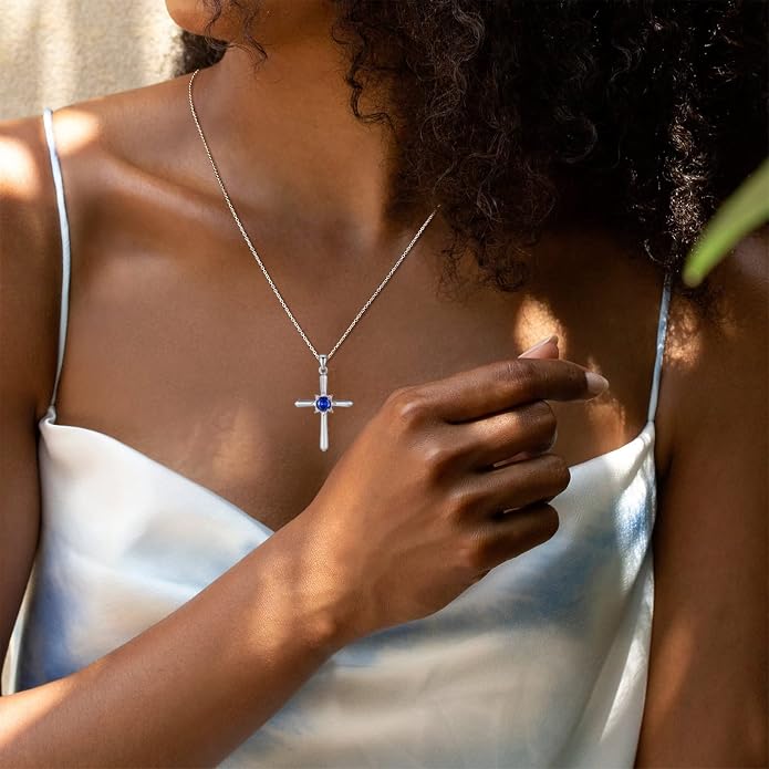 FANCIME Birthstone Cross Necklace for Women Sterling Silver Birthstone Necklace Halo Infinity Cross Pendant Necklace Fine Jewelry Valentines Day Gifts Birthday Holiday Gifts for Her, 16"+2" Inches