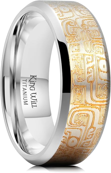 King Will Titanium Wedding Ring for Men Women, 8mm Width Gold/Silver Wedding Band with Unique Random Laser Textured and Multi-Color Laser Engraved Titanium Ring Comfort Fit and Durable Size 8-12
