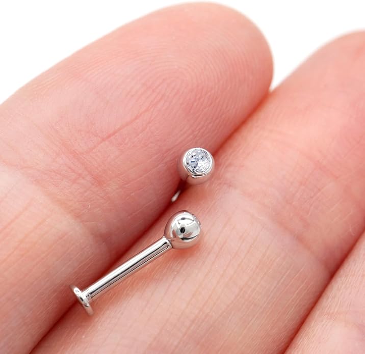 14k Yellow/White Gold Body Jewelry Earrings for Women Threaded Micro CZ Gem Top Tragus/Helix/Labret Stud 16G 6mm 8mm